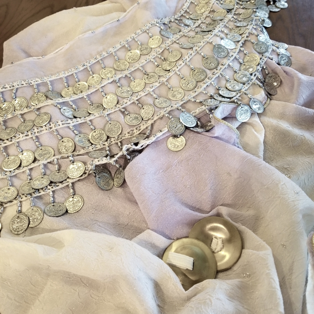 Belly dance veil, zills, and hip scarf